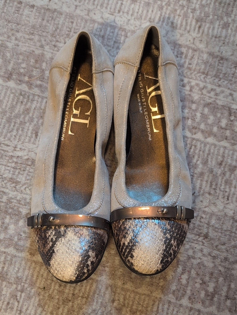 AGL Taupe Suede Ballet Flats with Snake-Print Toe and Metallic Trim Size 38